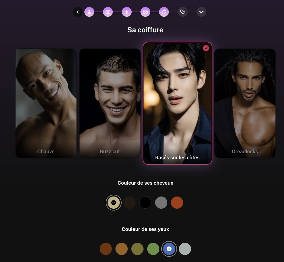 Choix de la coiffure et des couleurs du personnage
