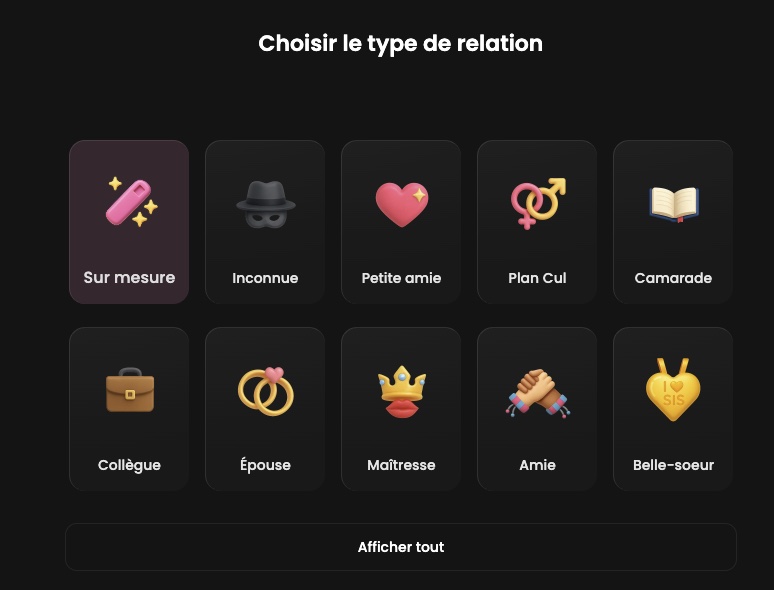 Choix du type de relation avec le personnage