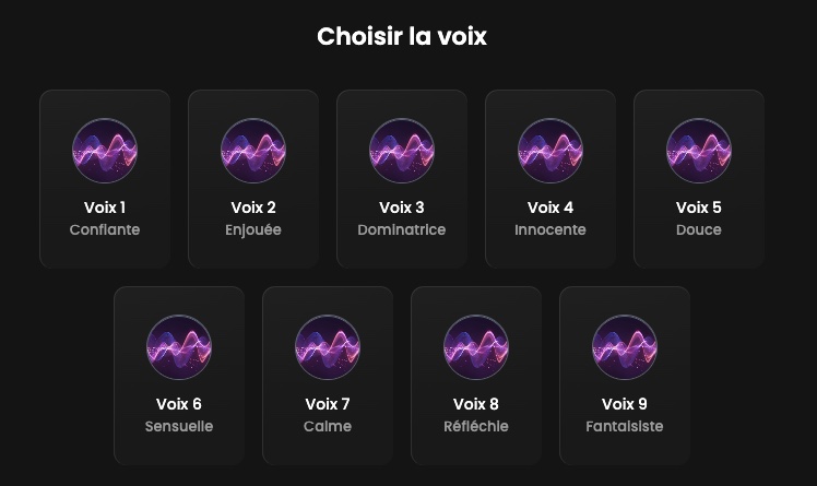 Les neuf voix disponibles pour le personnage