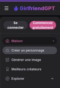 Menu de navigation de Girlfriend GPT en français