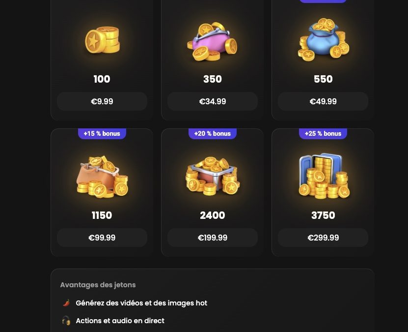 Les six packs de jetons Xtease AI et leurs tarifs