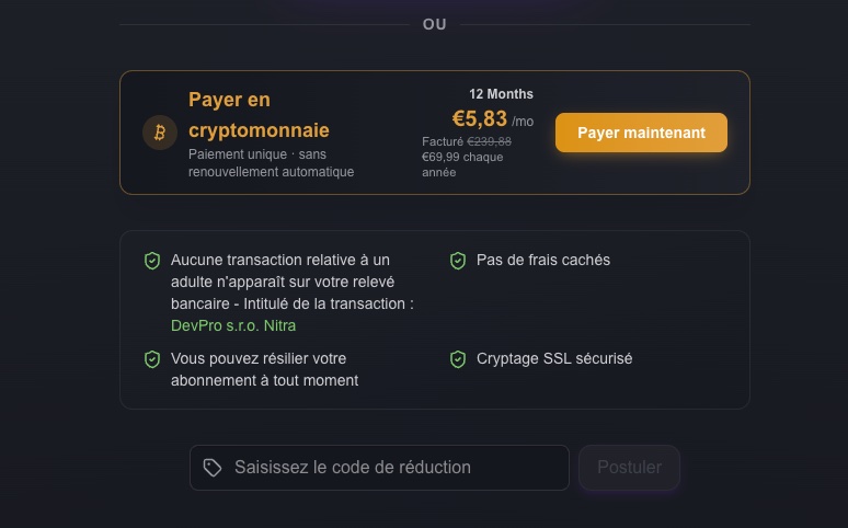 Paiement en cryptomonnaie sur FlirtCam AI