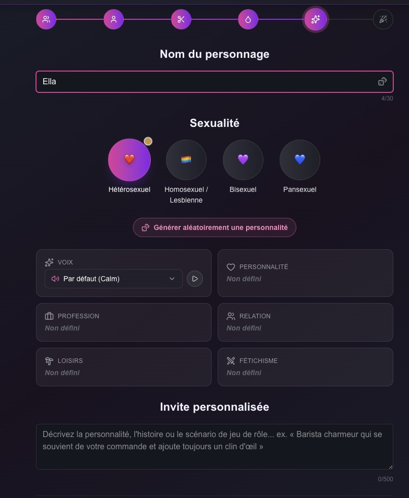 Réglages de personnalité et de sexualité du personnage
