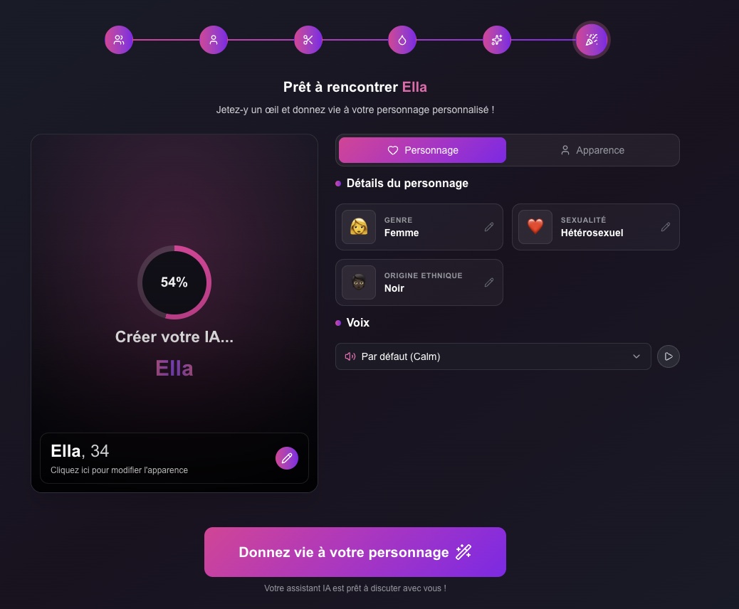 Récapitulatif du personnage avant création sur FlirtCam AI