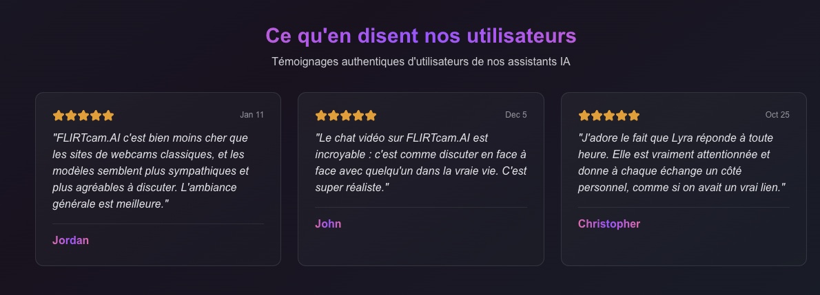 Témoignages d'utilisateurs affichés par FlirtCam AI