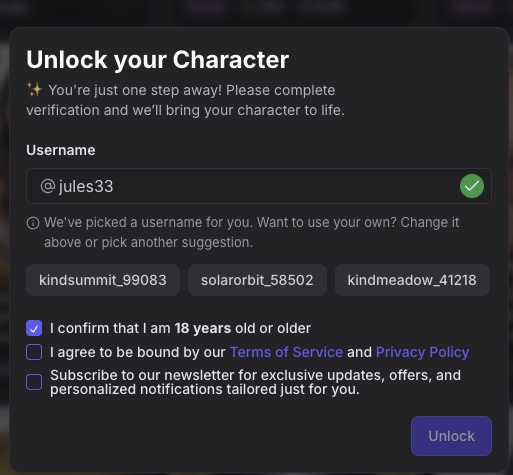 Confirmation de majorité avant déblocage du personnage